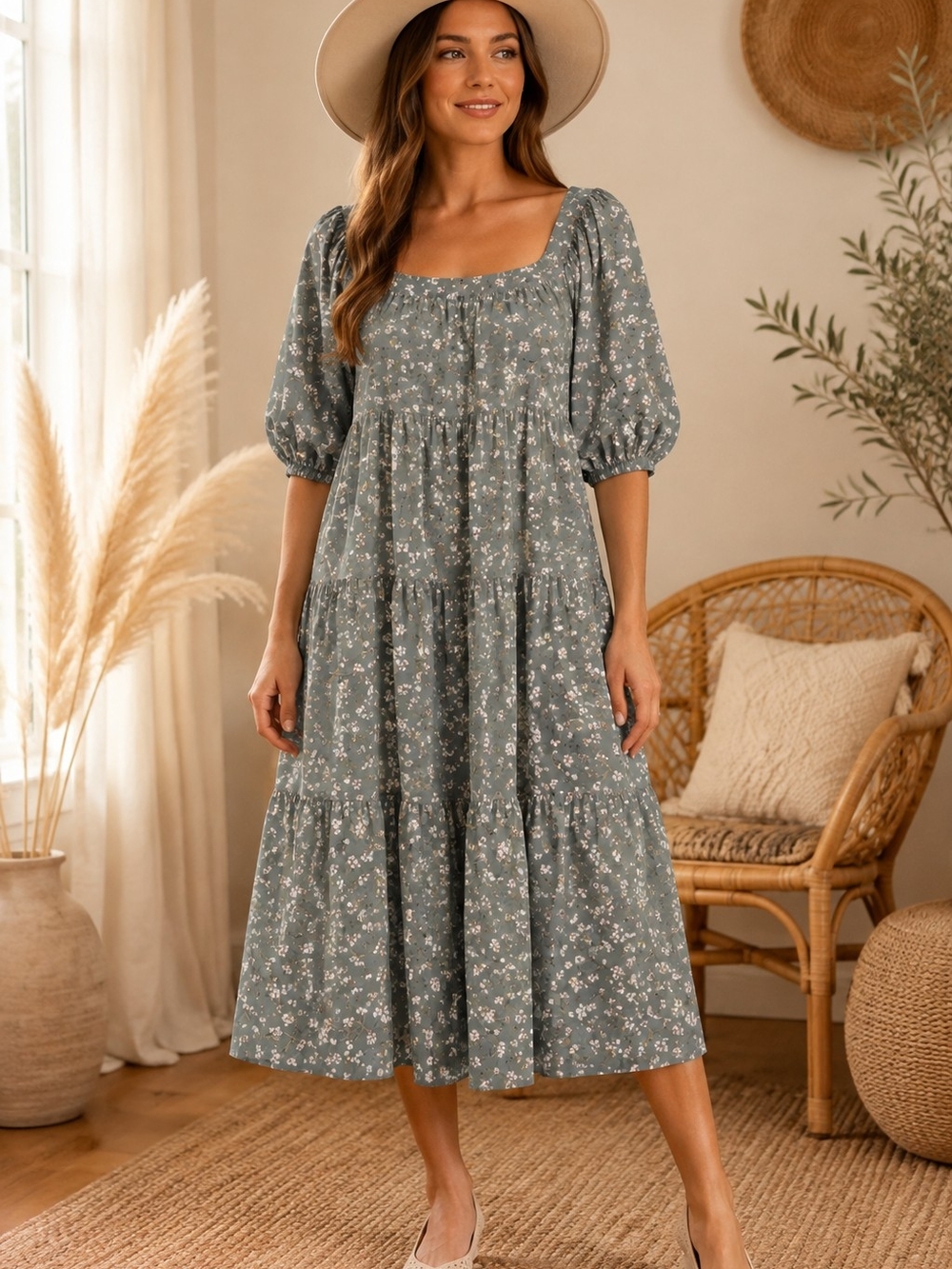 Polagram Sage Green Floral Square-Neck Tiered Midi Dress